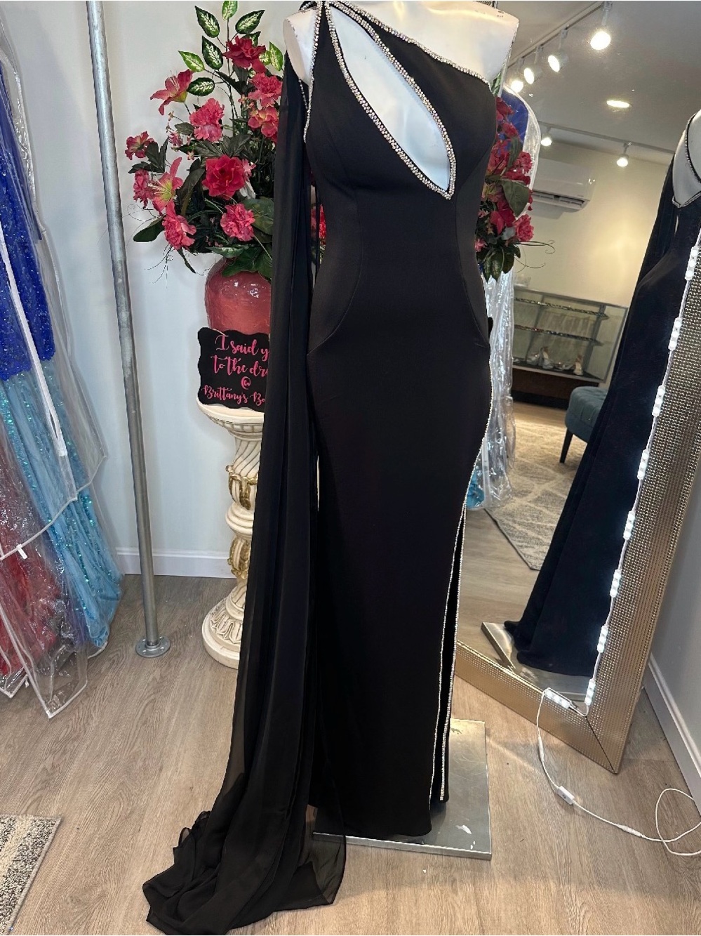 Jovani Black One-Shoulder Evening Gown with Rhinestone Trim